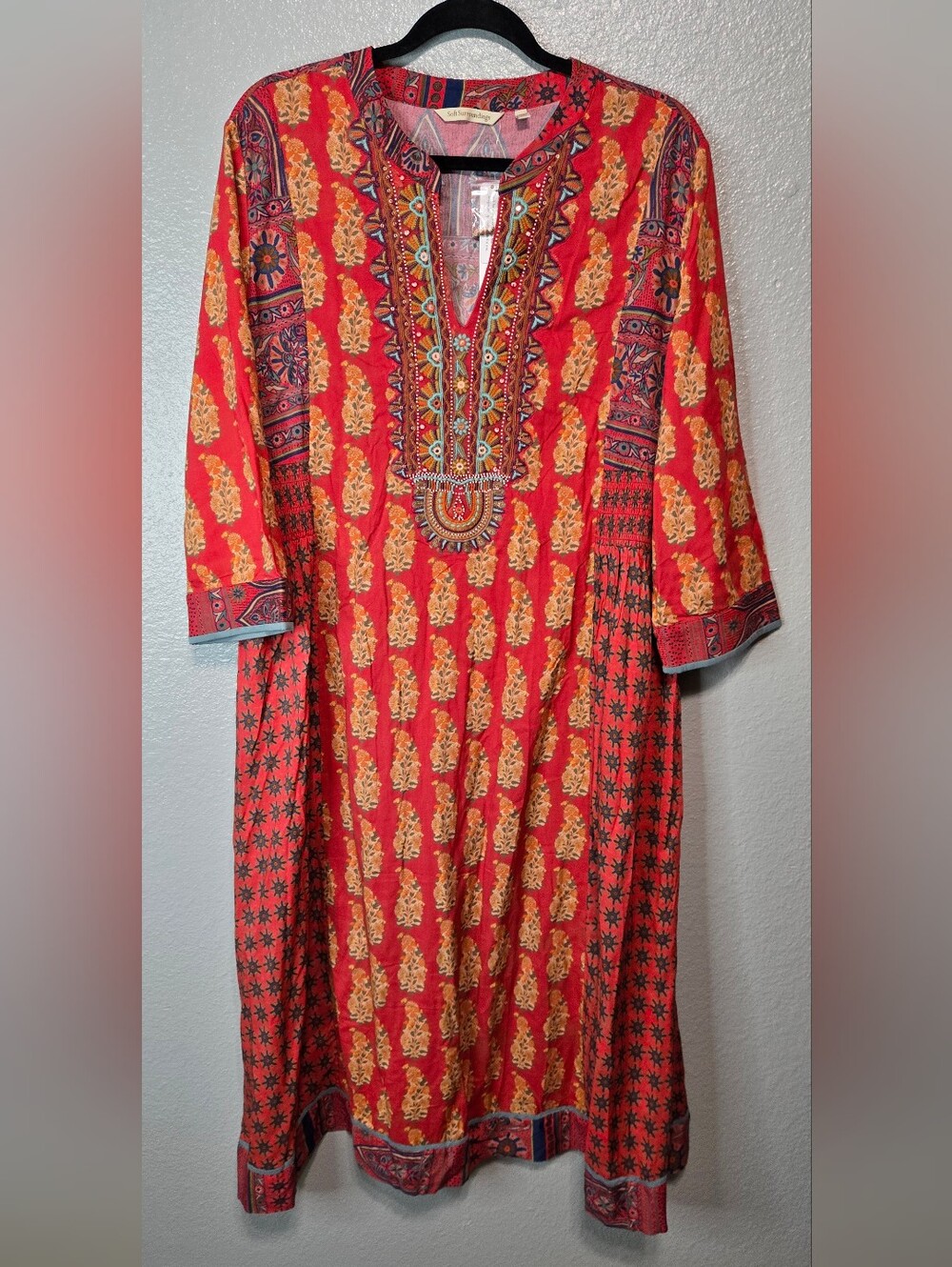 Soft Surroundings Phoenix Dress Red Paisley Beaded Embroidered Boho Tunic NWT L